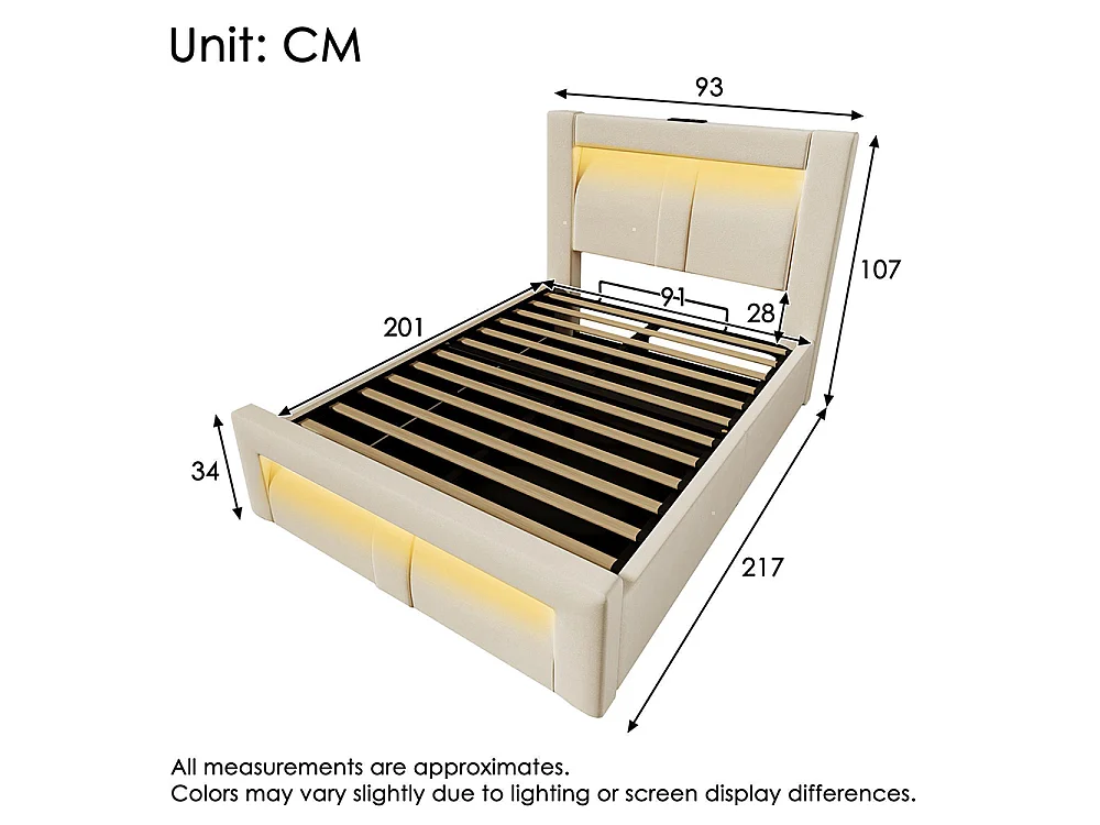 Lit coffre rembourré 90x200 cm, Lit simple avec rangement, APP-Control LED, USB et Type-C, Tête de lit incurvée, Velours, Beige