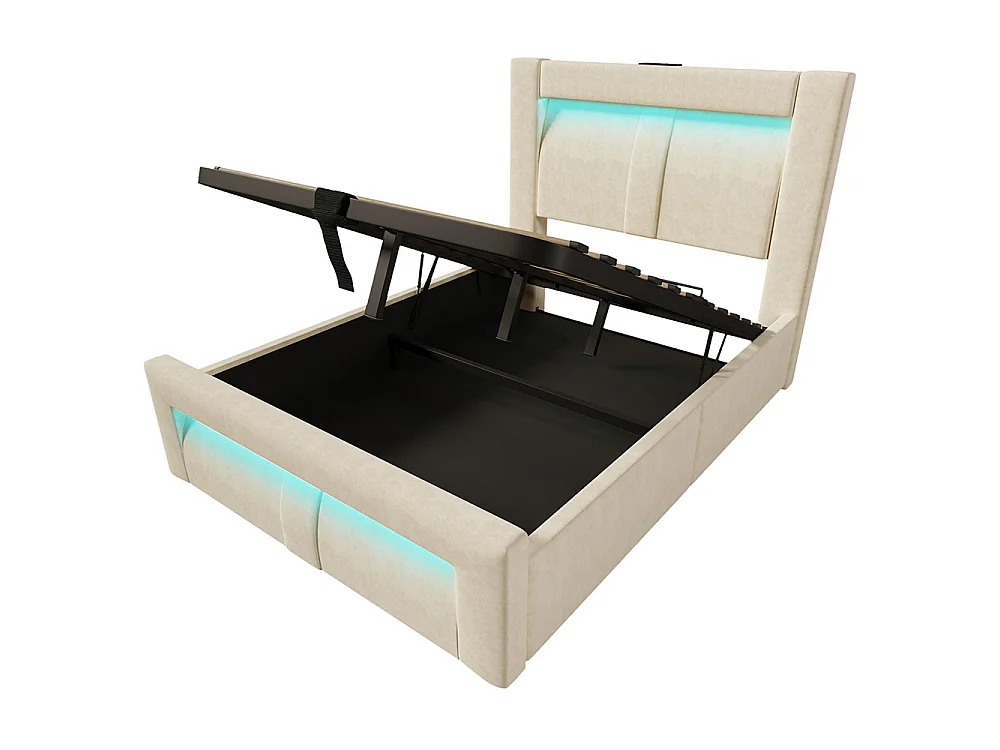 Lit coffre rembourré 90x200 cm, Lit simple avec rangement, APP-Control LED, USB et Type-C, Tête de lit incurvée, Velours, Beige