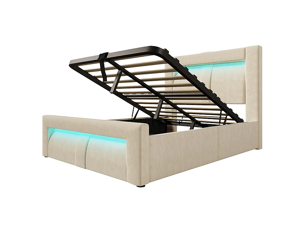 Lit coffre rembourré 90x200 cm, Lit simple avec rangement, APP-Control LED, USB et Type-C, Tête de lit incurvée, Velours, Beige