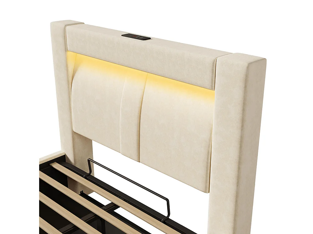 Lit coffre rembourré 90x200 cm, Lit simple avec rangement, APP-Control LED, USB et Type-C, Tête de lit incurvée, Velours, Beige