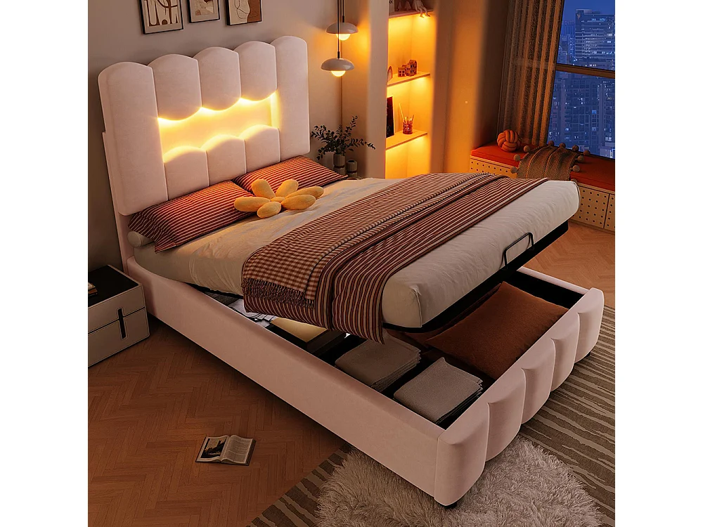 Lit coffre rembourré 90 x 200 cm - avec éclairage LED - tête de lit réglable - lit hydraulique avec rangement - velours - rose