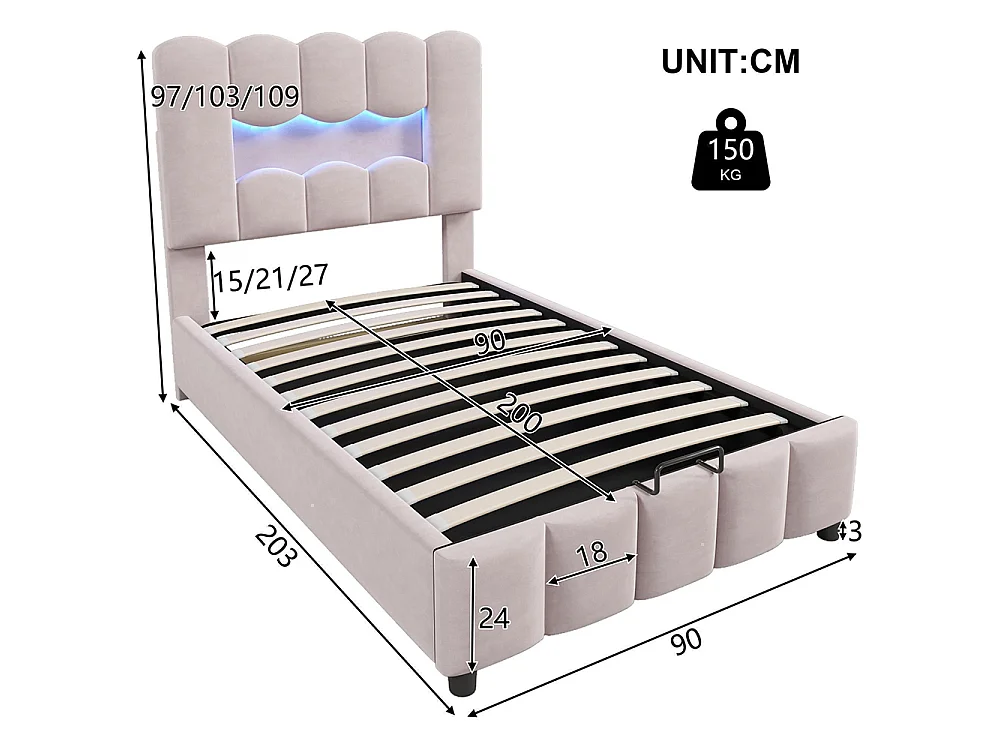 Lit coffre rembourré 90 x 200 cm - avec éclairage LED - tête de lit réglable - lit hydraulique avec rangement - velours - rose