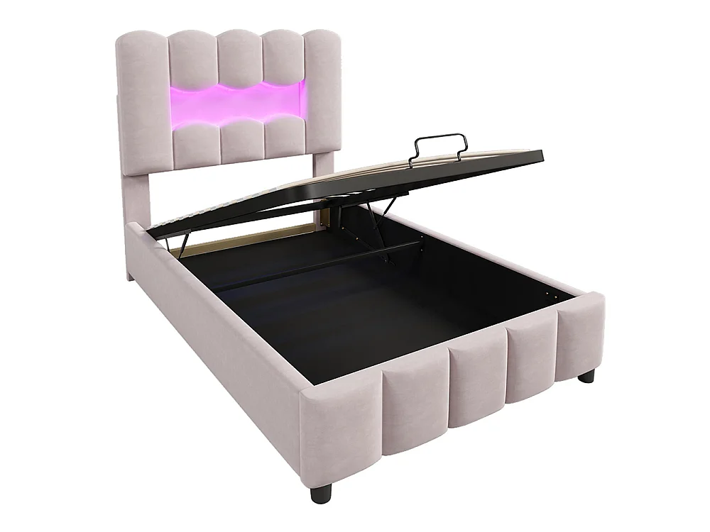 Lit coffre rembourré 90 x 200 cm - avec éclairage LED - tête de lit réglable - lit hydraulique avec rangement - velours - rose