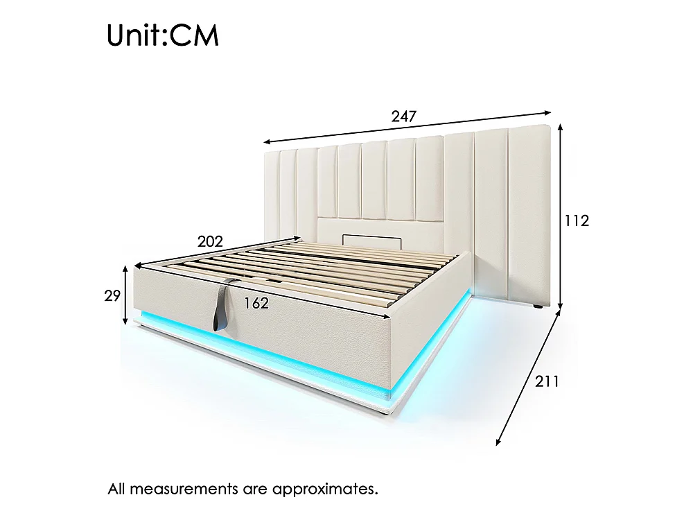 Lit coffre rembourré en similicuir 160x200 cm - App Control LED - Ports USB-C - Sommier à lattes - Blanc