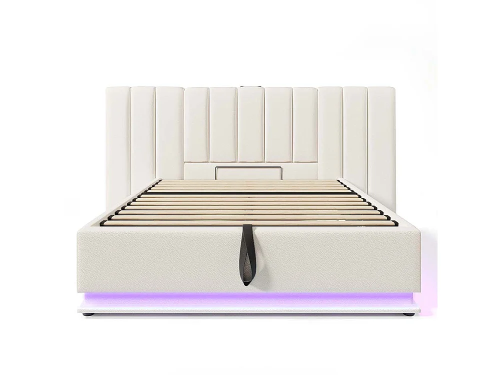 Lit coffre rembourré en similicuir 160x200 cm - App Control LED - Ports USB-C - Sommier à lattes - Blanc