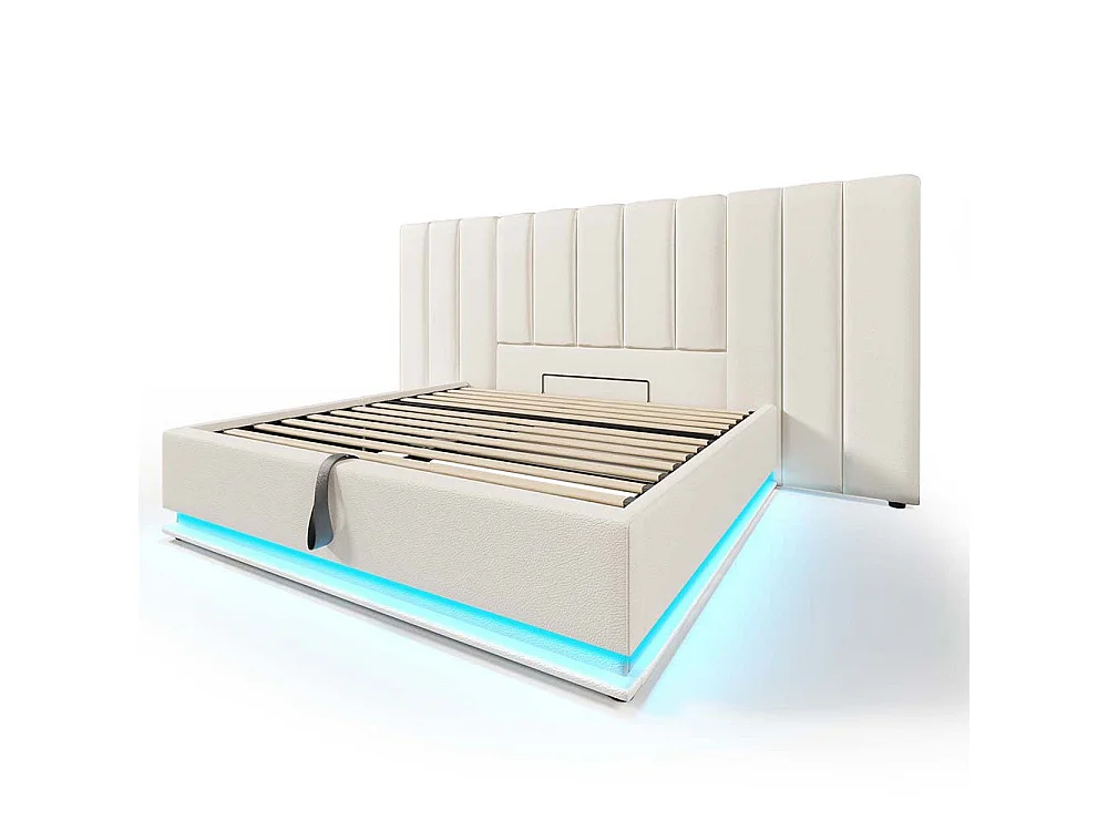 Lit coffre rembourré en similicuir 160x200 cm - App Control LED - Ports USB-C - Sommier à lattes - Blanc