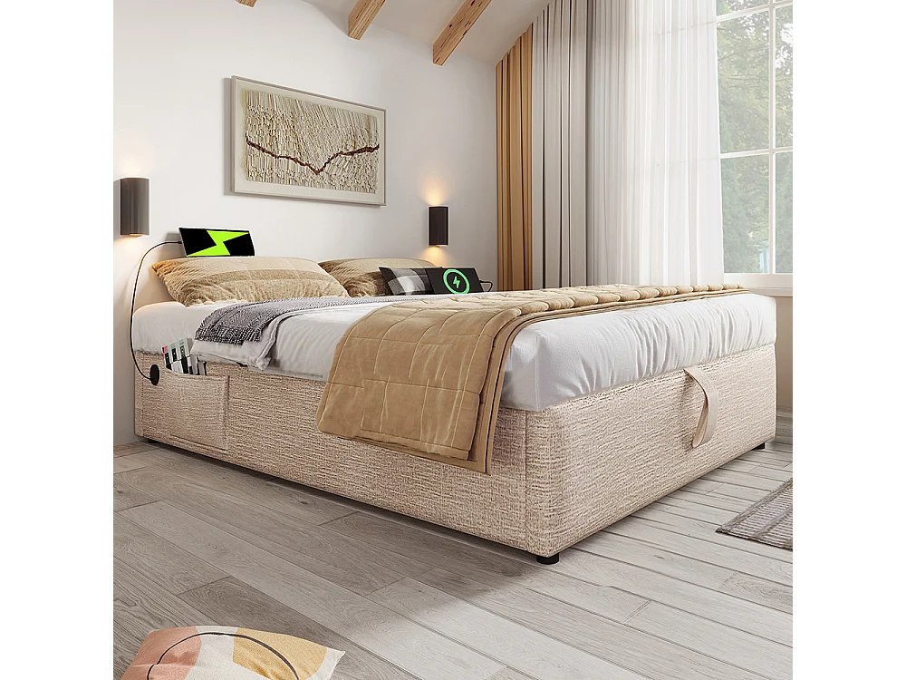 Lit coffre rembourré 160x200 cm - Prise USB C - Sommier à lattes - sans tête de lit - Lin - Beige