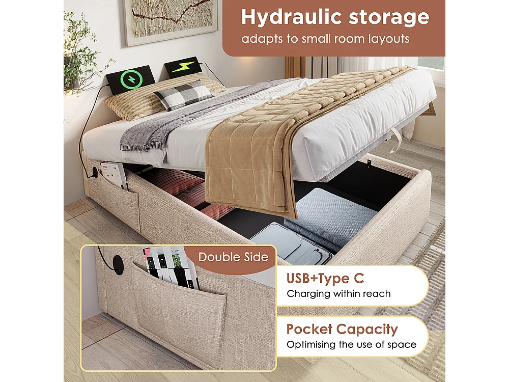 Lit coffre rembourré 160x200 cm - Prise USB C - Sommier à lattes - sans tête de lit - Lin - Beige