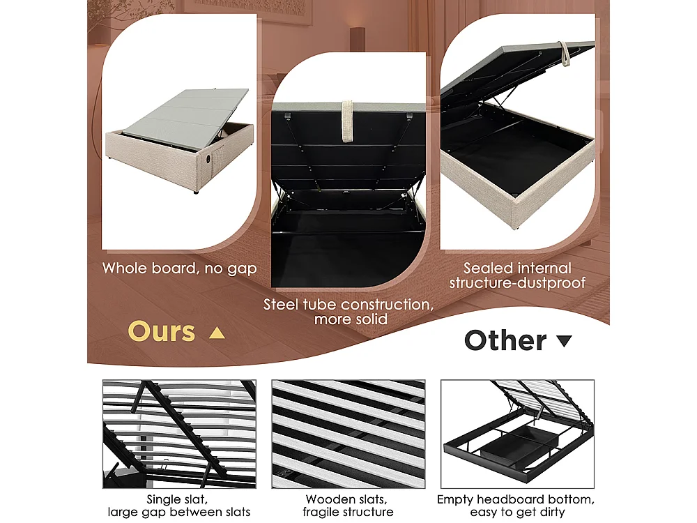 Lit coffre rembourré 160x200 cm - Prise USB C - Sommier à lattes - sans tête de lit - Lin - Beige
