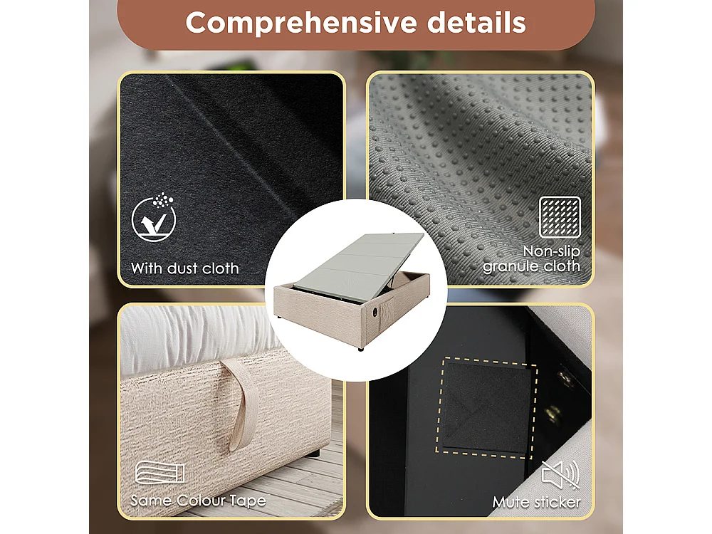 Lit coffre rembourré 160x200 cm - Prise USB C - Sommier à lattes - sans tête de lit - Lin - Beige