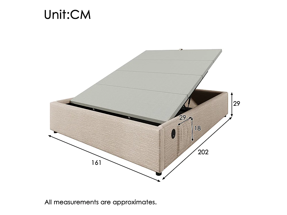 Lit coffre rembourré 160x200 cm - Prise USB C - Sommier à lattes - sans tête de lit - Lin - Beige