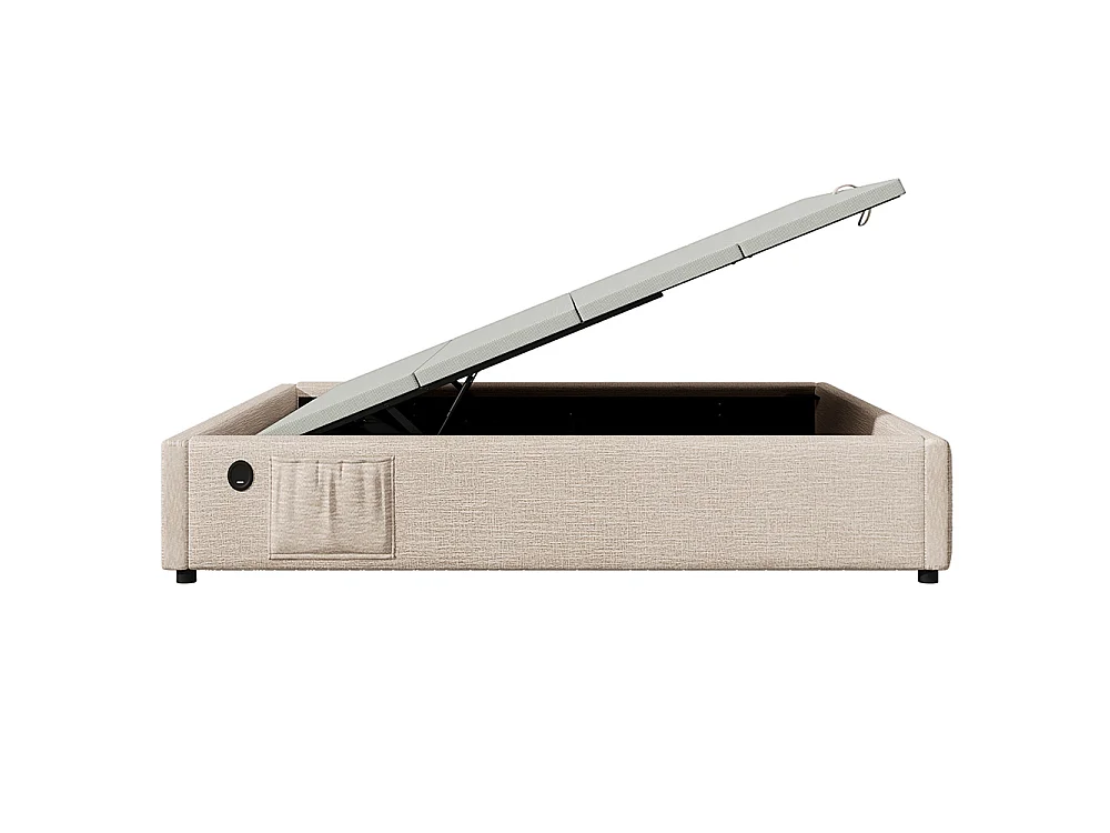 Lit coffre rembourré 160x200 cm - Prise USB C - Sommier à lattes - sans tête de lit - Lin - Beige