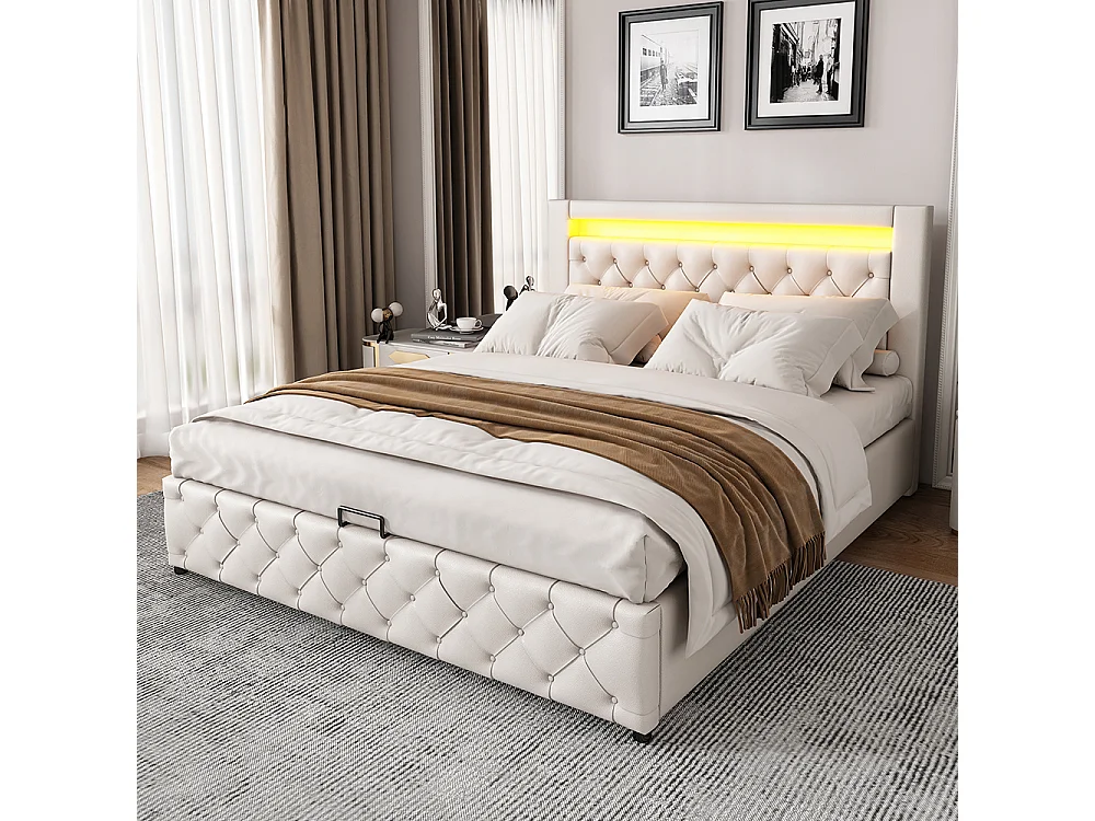 Lit adulte rembourré 160x200 cm, Lit coffre avec éclairage LED, sommier à lattes, rangement hydraulique, tissu en PU, blanc