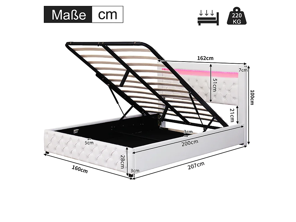 Lit adulte rembourré 160x200 cm, Lit coffre avec éclairage LED, sommier à lattes, rangement hydraulique, tissu en PU, blanc