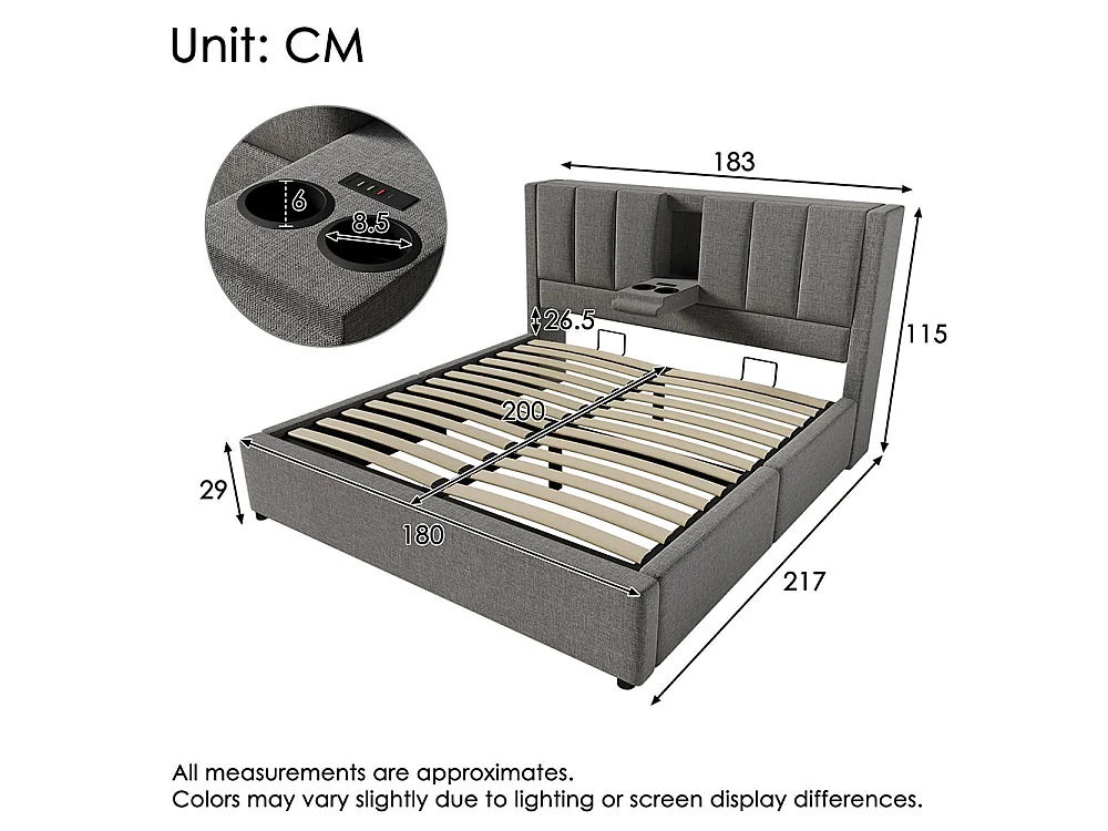 Lit coffre rembourré 180x200 cm avec porte-gobelet - Ports USB et Type C - Lit hydraulique avec rangement - Lin - Gris