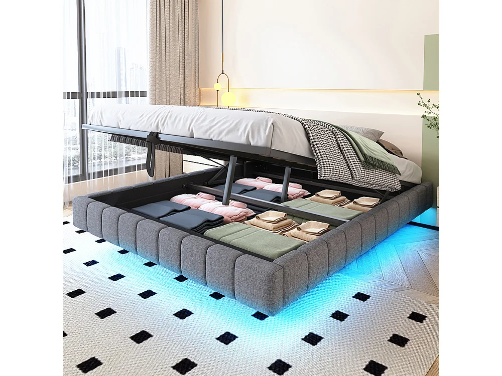 Lit coffre - 160x200 - Lin gris - Éclairage LED réglable - Rangement hydraulique - Sommier inclus