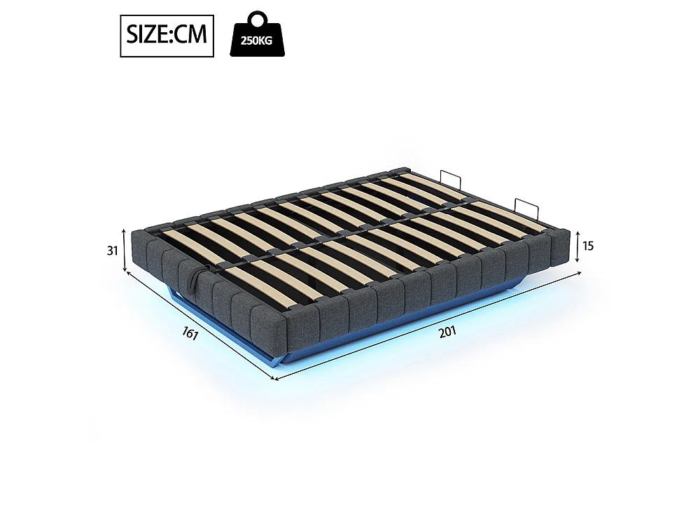 Lit coffre - 160x200 - Lin gris - Éclairage LED réglable - Rangement hydraulique - Sommier inclus