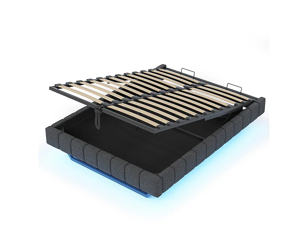 Lit coffre - 160x200 - Lin gris - Éclairage LED réglable - Rangement hydraulique - Sommier inclus