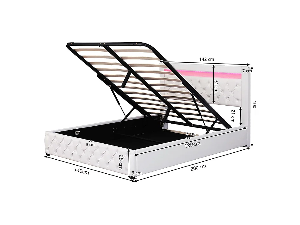 Lit adulte rembourré 140x190 cm, Lit coffre avec éclairage LED, sommier à lattes, rangement hydraulique, tissu en PU, blanc