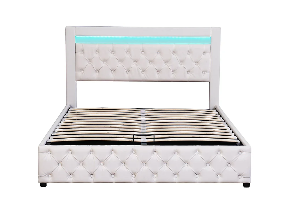 Lit adulte rembourré 140x190 cm, Lit coffre avec éclairage LED, sommier à lattes, rangement hydraulique, tissu en PU, blanc