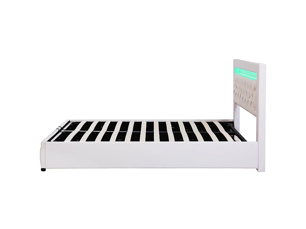 Lit adulte rembourré 140x190 cm, Lit coffre avec éclairage LED, sommier à lattes, rangement hydraulique, tissu en PU, blanc
