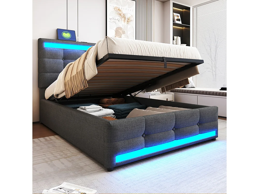 Lit coffre rembourré 90x200 cm - rangement hydraulique - port USB - éclairage LED - Tête de lit réglable en hauteur - lin - gris