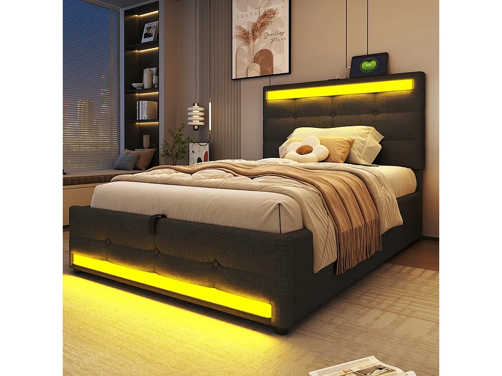 Lit coffre rembourré 90x200 cm - rangement hydraulique - port USB - éclairage LED - Tête de lit réglable en hauteur - lin - gris