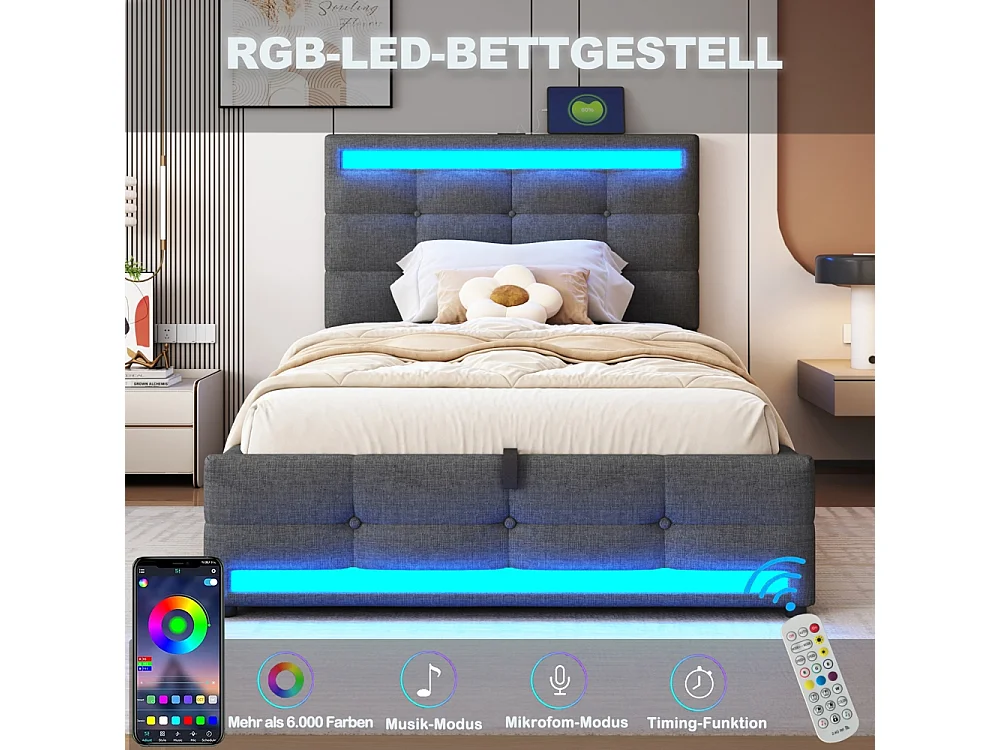 Lit coffre rembourré 90x200 cm - rangement hydraulique - port USB - éclairage LED - Tête de lit réglable en hauteur - lin - gris