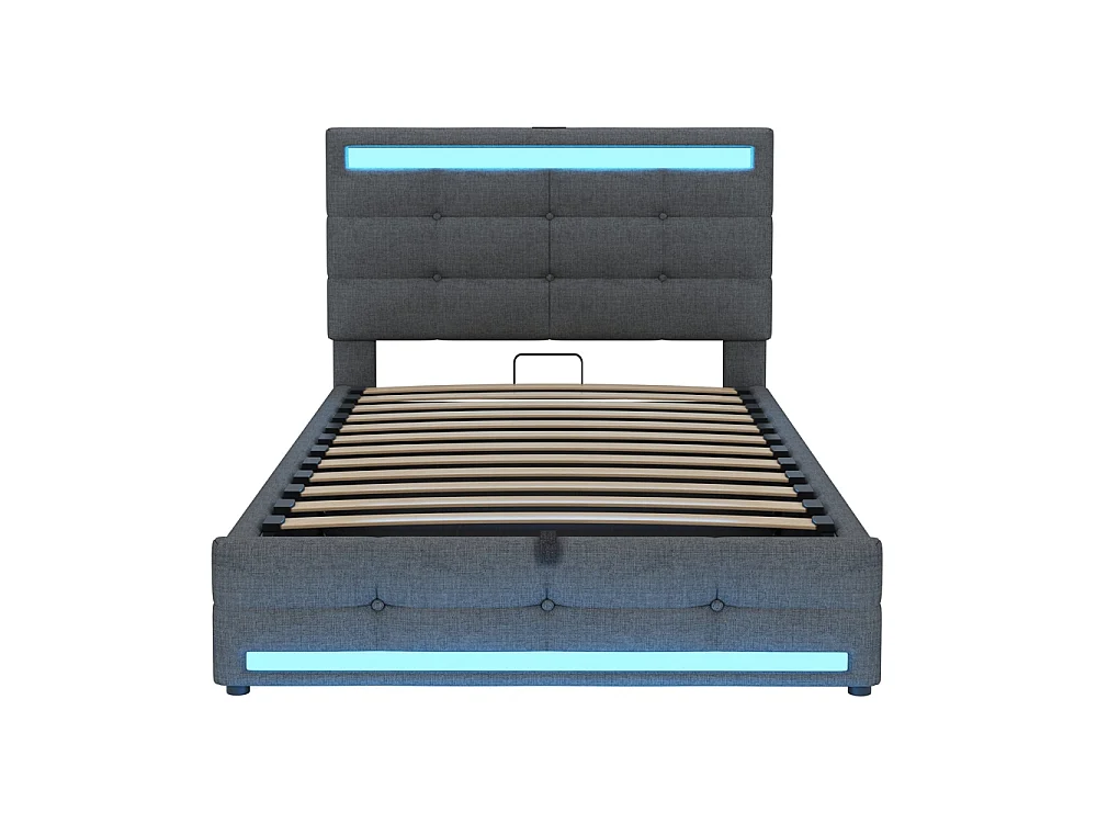 Lit coffre rembourré 90x200 cm - rangement hydraulique - port USB - éclairage LED - Tête de lit réglable en hauteur - lin - gris
