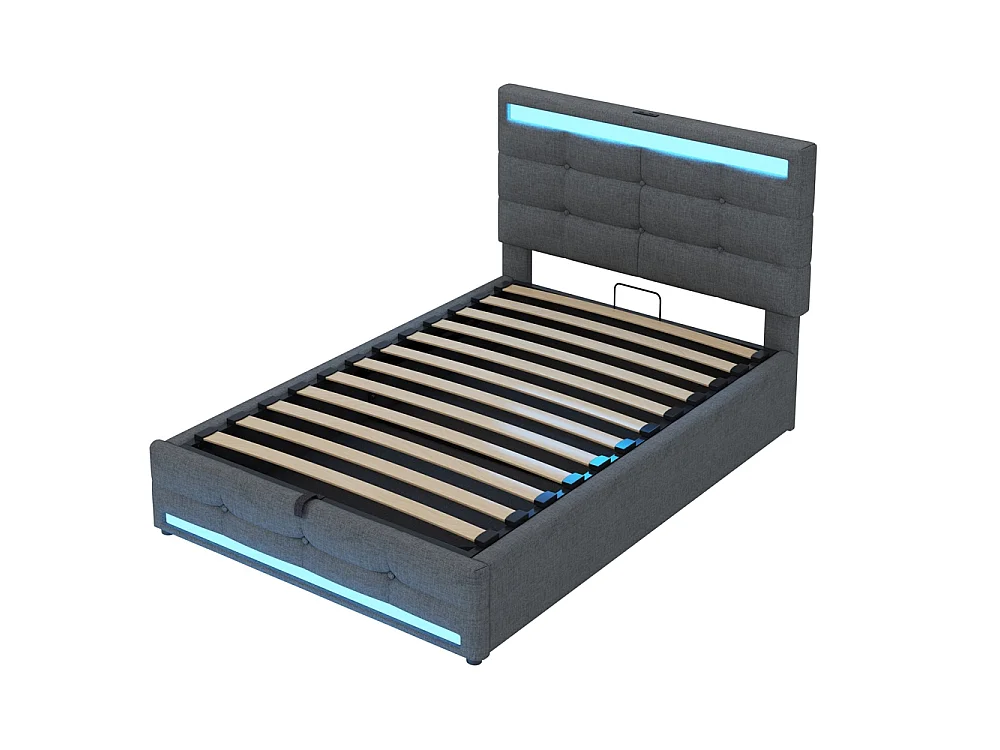 Lit coffre rembourré 90x200 cm - rangement hydraulique - port USB - éclairage LED - Tête de lit réglable en hauteur - lin - gris