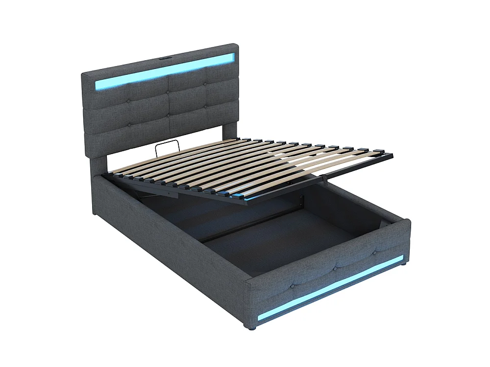 Lit coffre rembourré 90x200 cm - rangement hydraulique - port USB - éclairage LED - Tête de lit réglable en hauteur - lin - gris