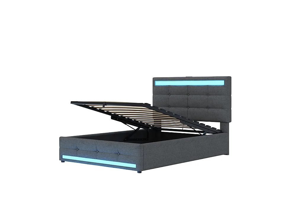 Lit coffre rembourré 90x200 cm - rangement hydraulique - port USB - éclairage LED - Tête de lit réglable en hauteur - lin - gris