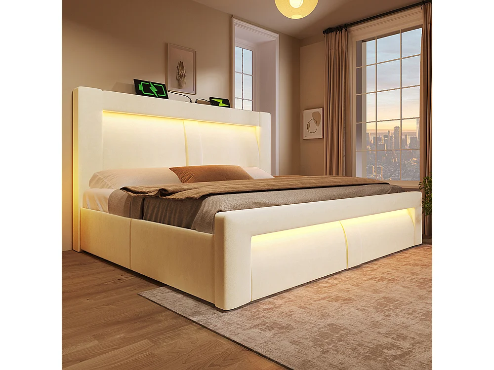 Lit coffre rembourré 140x200 cm, Lit double avec rangement, APP-Control LED, USB et Type-C, Tête de lit incurvée, Velours, Beige