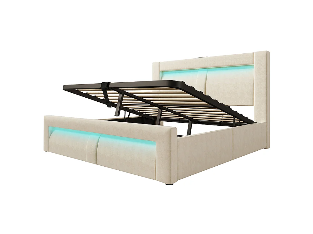 Lit coffre rembourré 140x200 cm, Lit double avec rangement, APP-Control LED, USB et Type-C, Tête de lit incurvée, Velours, Beige