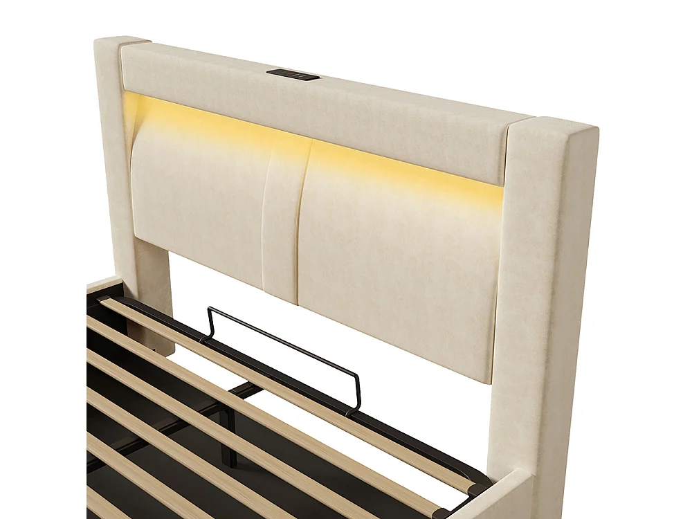 Lit coffre rembourré 140x200 cm, Lit double avec rangement, APP-Control LED, USB et Type-C, Tête de lit incurvée, Velours, Beige
