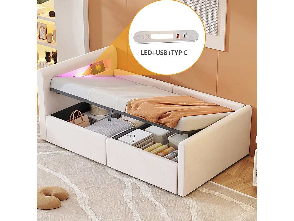 Lit enfant rembourré 90 x 200 cm - lumière LED - port USB - rangement hydraulique - compartiments de rangement - tissu velours - beige