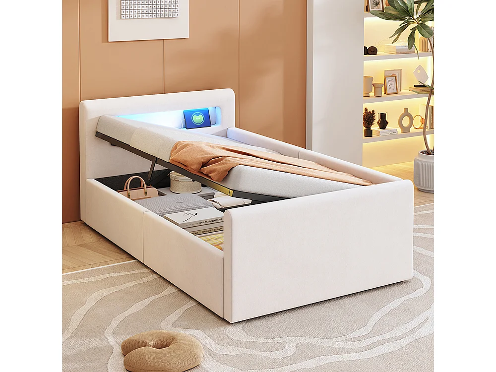 Lit enfant rembourré 90 x 200 cm - lumière LED - port USB - rangement hydraulique - compartiments de rangement - tissu velours - beige