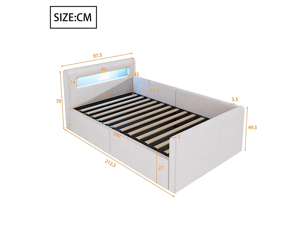 Lit enfant rembourré 90 x 200 cm - lumière LED - port USB - rangement hydraulique - compartiments de rangement - tissu velours - beige