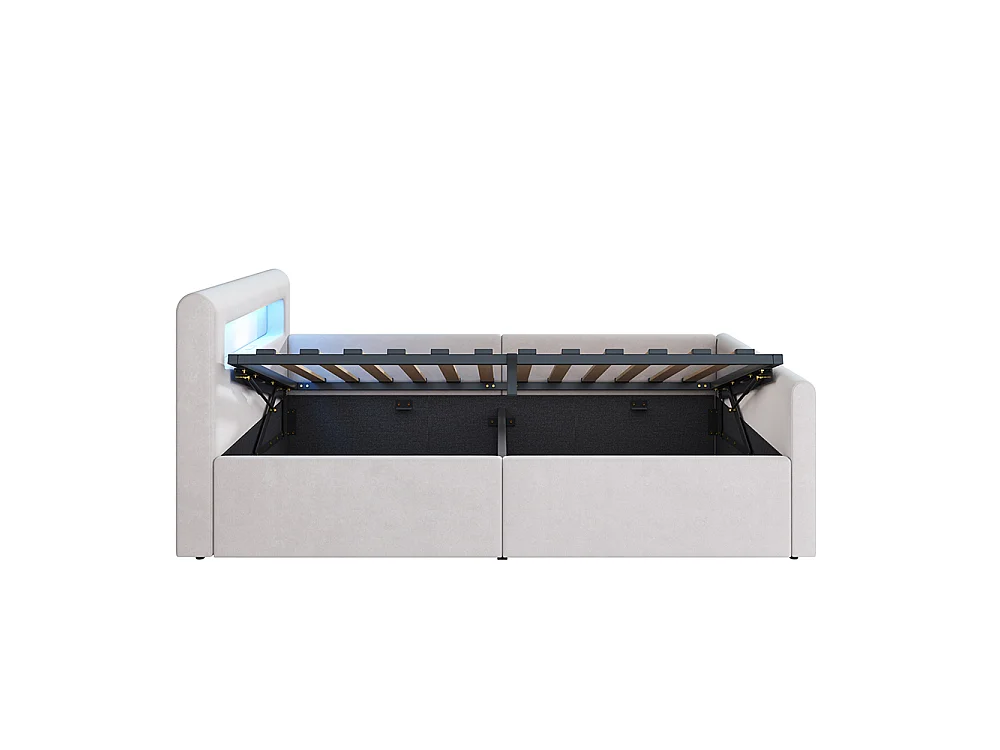 Lit enfant rembourré 90 x 200 cm - lumière LED - port USB - rangement hydraulique - compartiments de rangement - tissu velours - beige