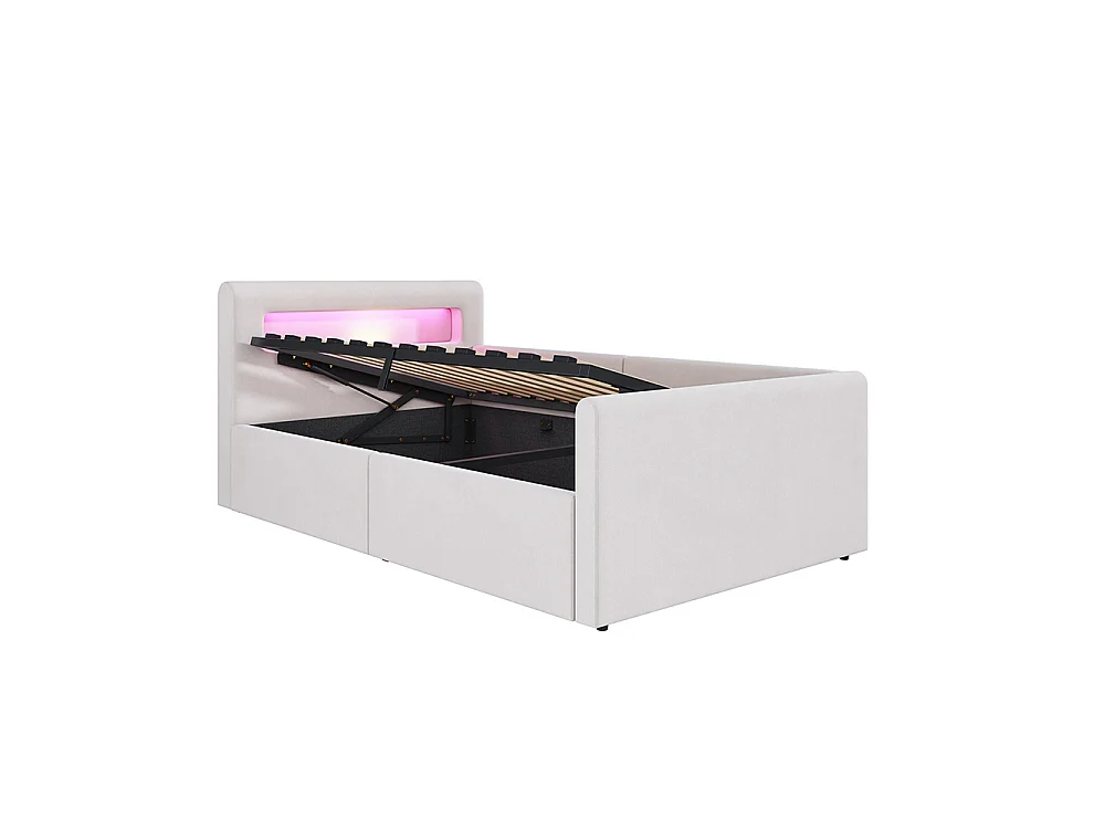 Lit enfant rembourré 90 x 200 cm - lumière LED - port USB - rangement hydraulique - compartiments de rangement - tissu velours - beige