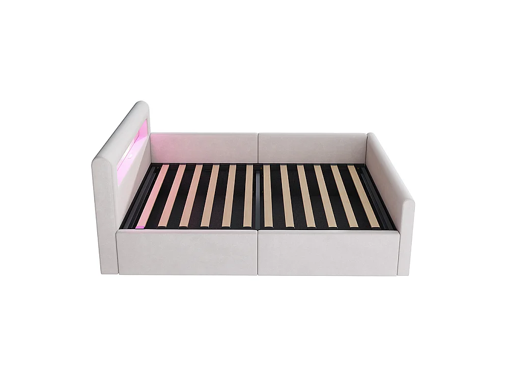 Lit enfant rembourré 90 x 200 cm - lumière LED - port USB - rangement hydraulique - compartiments de rangement - tissu velours - beige