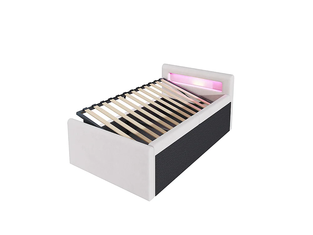 Lit enfant rembourré 90 x 200 cm - lumière LED - port USB - rangement hydraulique - compartiments de rangement - tissu velours - beige