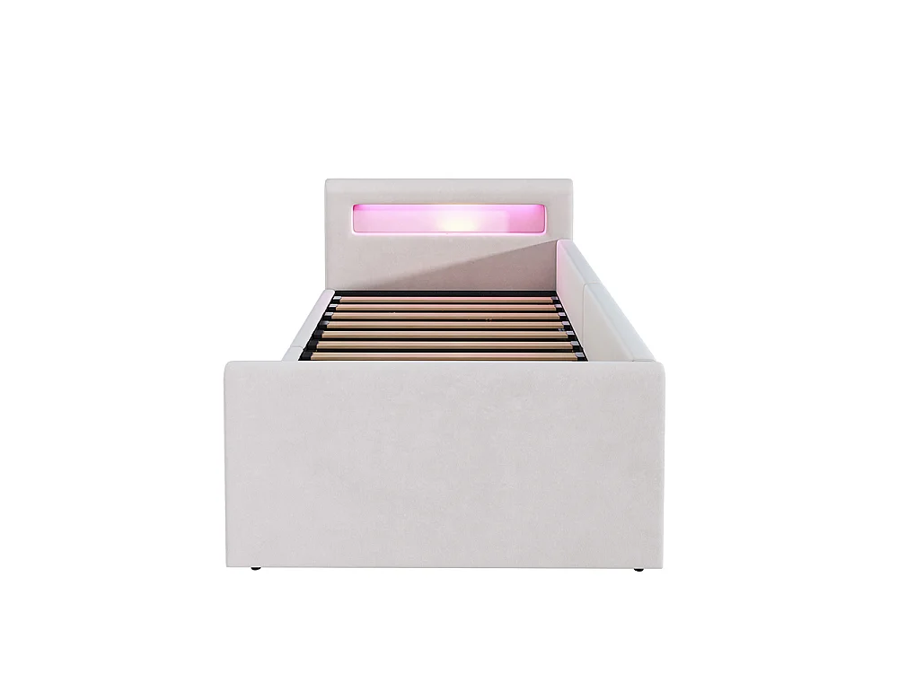 Lit enfant rembourré 90 x 200 cm - lumière LED - port USB - rangement hydraulique - compartiments de rangement - tissu velours - beige
