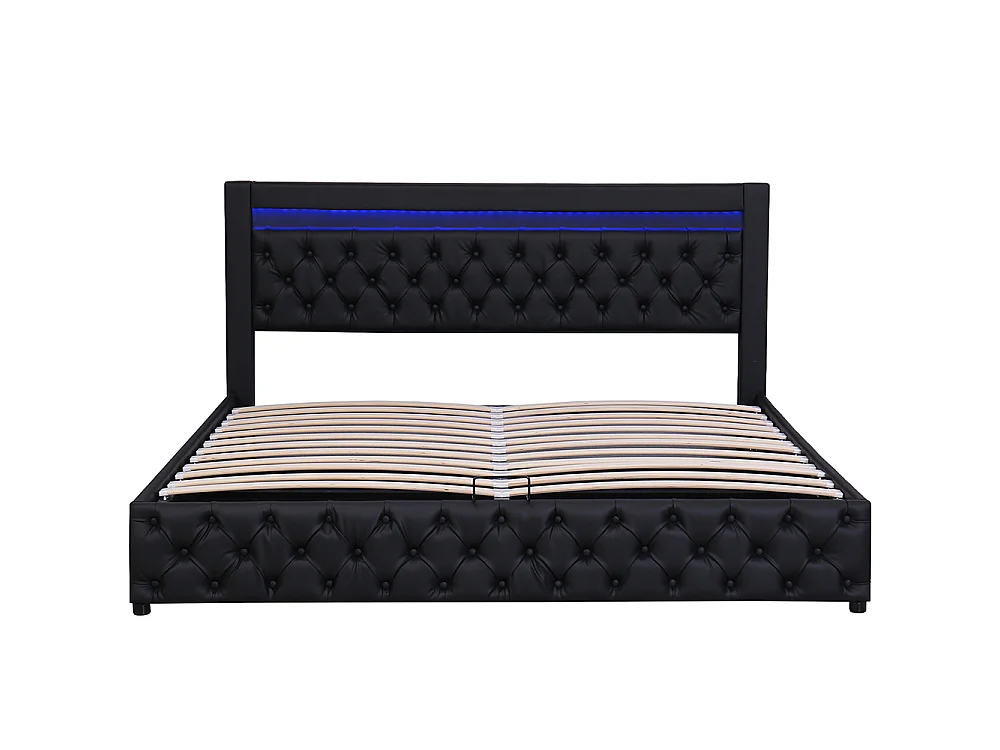Lit adulte rembourré 140x200 cm, Lit coffre avec éclairage LED, sommier à lattes, rangement hydraulique, tissu en PU, noir
