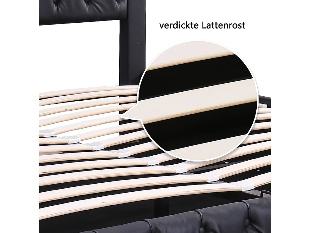 Lit adulte rembourré 140x200 cm, Lit coffre avec éclairage LED, sommier à lattes, rangement hydraulique, tissu en PU, noir
