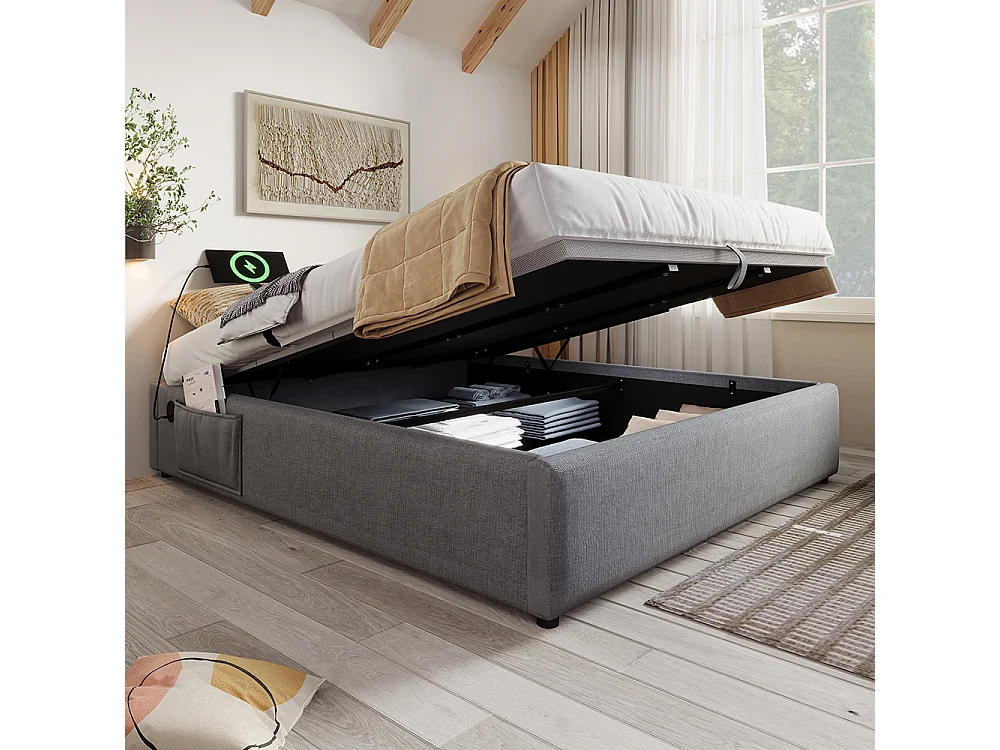 Lit coffre rembourré 140x200 cm - Prise USB C - Sommier à lattes - sans tête de lit - Lin - Gris