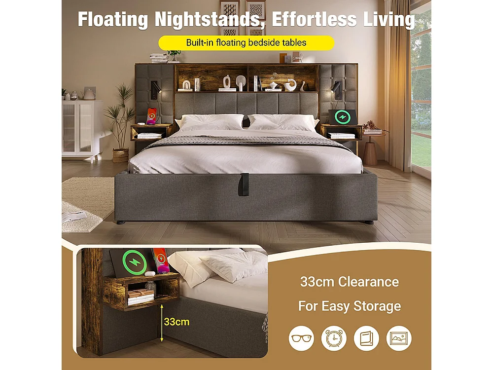 Lit coffre 160 x 200 cm avec éclairage LED et 2 lampes de lecture rotatives, 2 tables de chevet, USB Type-C, Tissu en lin, Sommier à lattes, Gris