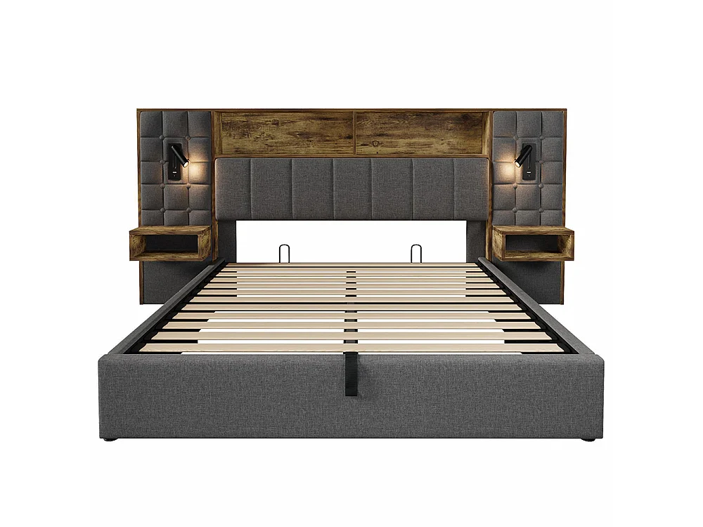Lit coffre 160 x 200 cm avec éclairage LED et 2 lampes de lecture rotatives, 2 tables de chevet, USB Type-C, Tissu en lin, Sommier à lattes, Gris