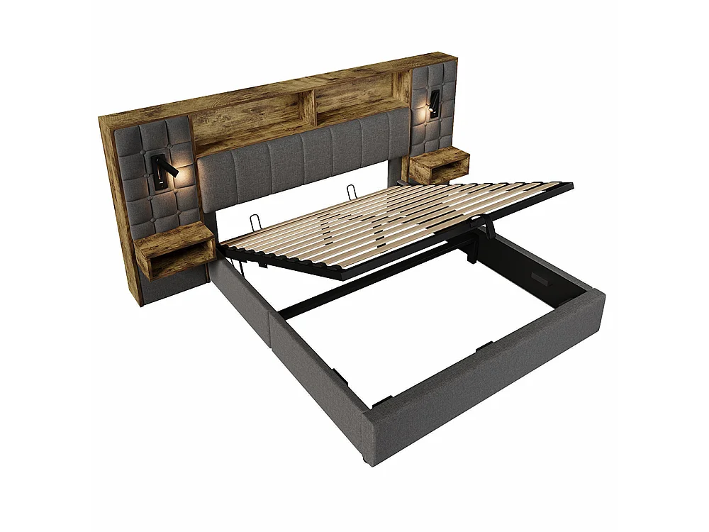 Lit coffre 160 x 200 cm avec éclairage LED et 2 lampes de lecture rotatives, 2 tables de chevet, USB Type-C, Tissu en lin, Sommier à lattes, Gris