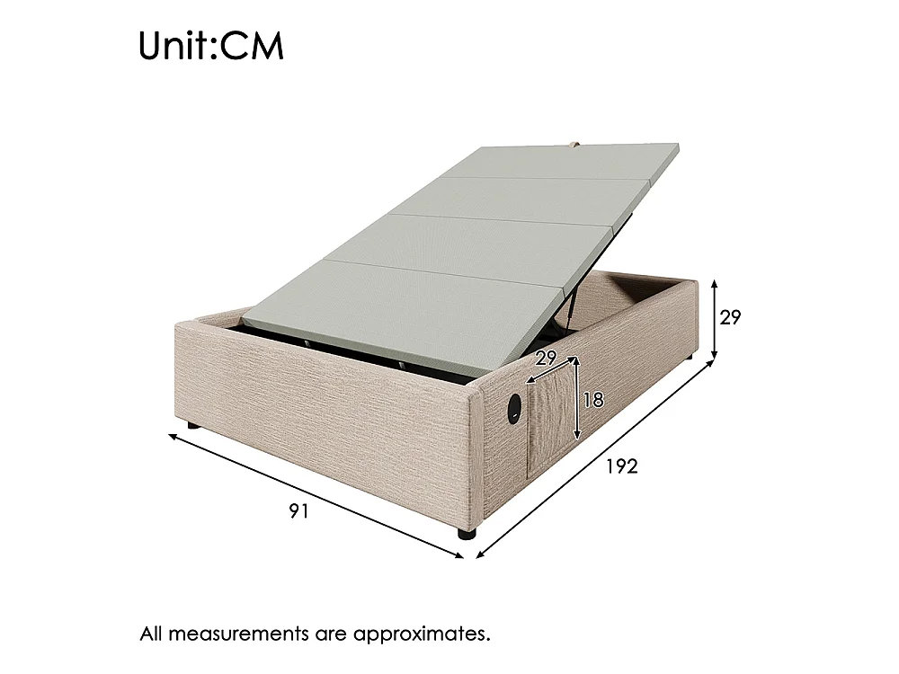 Lit coffre rembourré 90x190 cm - Prise USB C - Sommier à lattes - sans tête de lit - Lin - Beige